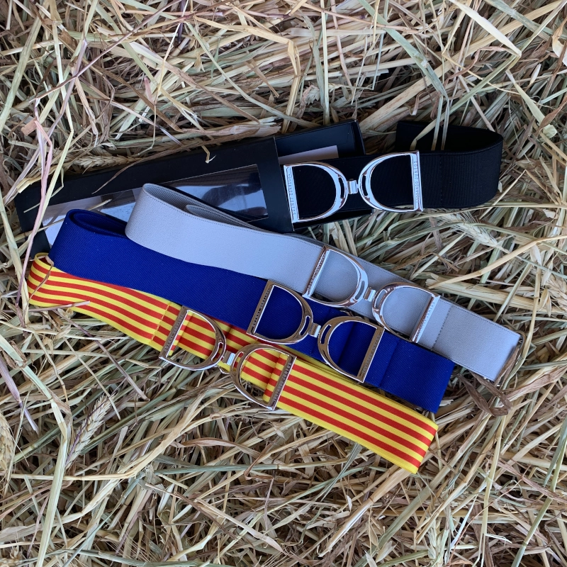 Cinturón elástico hebilla estribo en colores azul eléctrico, bandera catalana, gris claro y negro