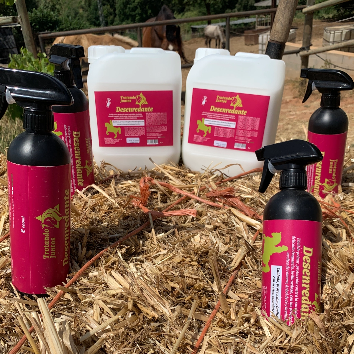 Desenredante para caballos natural Trotando Juntos: garrafas 5 litros y botes spray 500ml con caballos de fondo