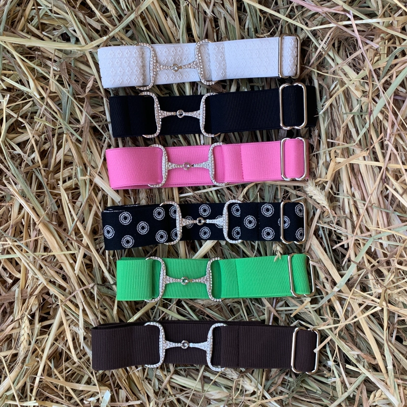 Cinturón elástico hebilla bocado brillantes en varios colores: blanco, marron, negro, negro circulos, rosa, verde manzana
