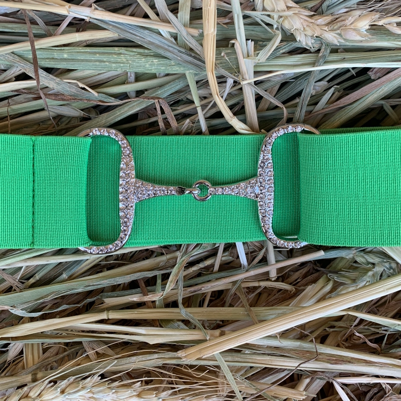 Cinturón elástico hebilla bocado brillantes detalle cerrado cinta verde manzana