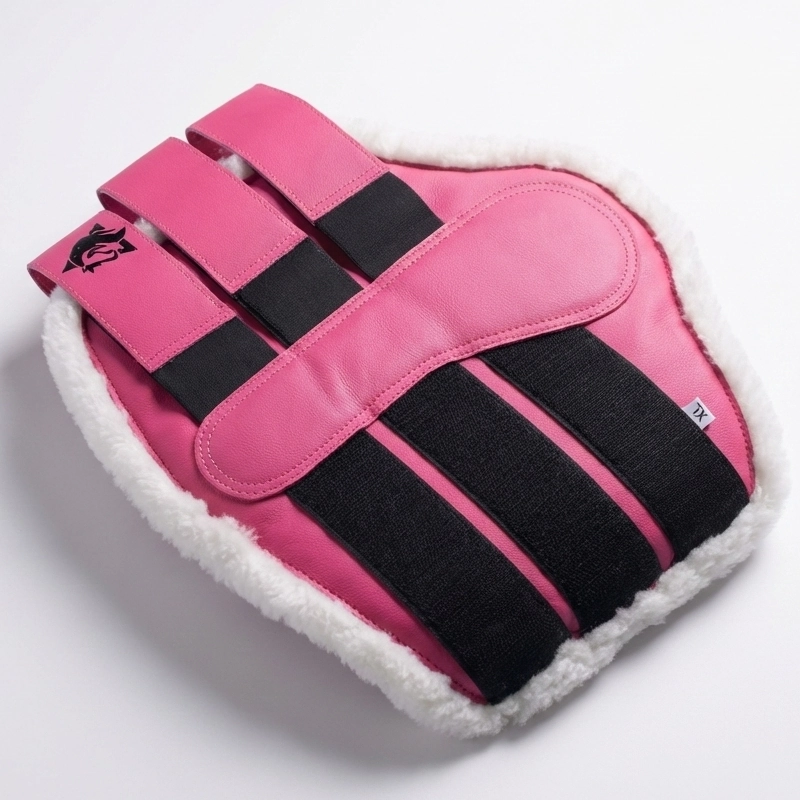 Primer plano de un protector de tendón rosa individual. Se aprecia la carcasa rígida anatómica y el perfil del borreguito blanco.