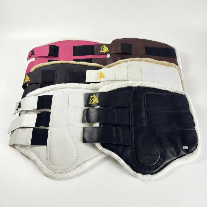 Gama completa de protectores de tendón para caballo en colores rosa, negro, marrón y blanco con interior de borreguito