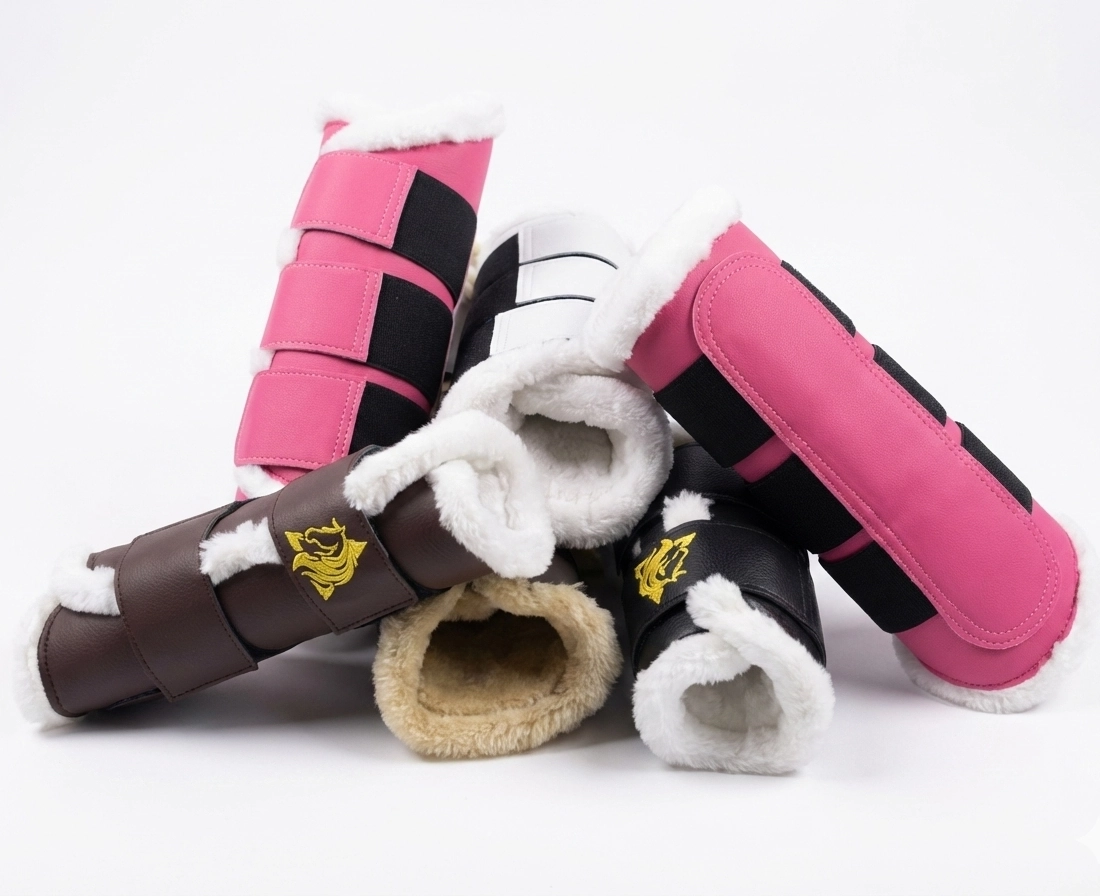 Detalle del grosor y cierres de velcro de los protectores de tendón apilados.