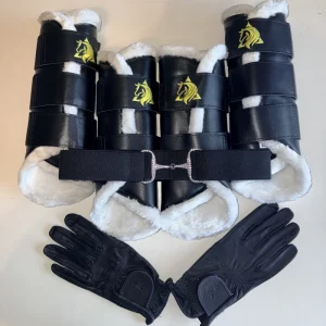 Set de equitación negro: 4 protectores con borreguito, guantes de cuero negro y cinturón elástico con brillantes de regalo.