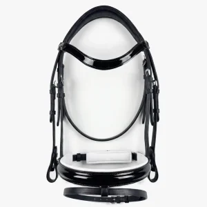 Brida de doma para caballo en cuero charol negro con muserola acolchada en blanco