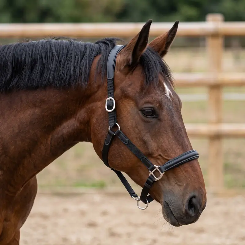 Cabezada de cuadra de nylon y cuero vegano colocada en caballo perfil derecho