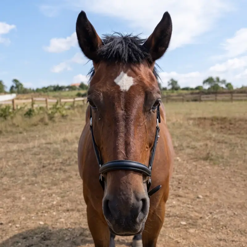 Cabezada de cuadra vegana con muserola y frontalera puesta en caballo vista frontal