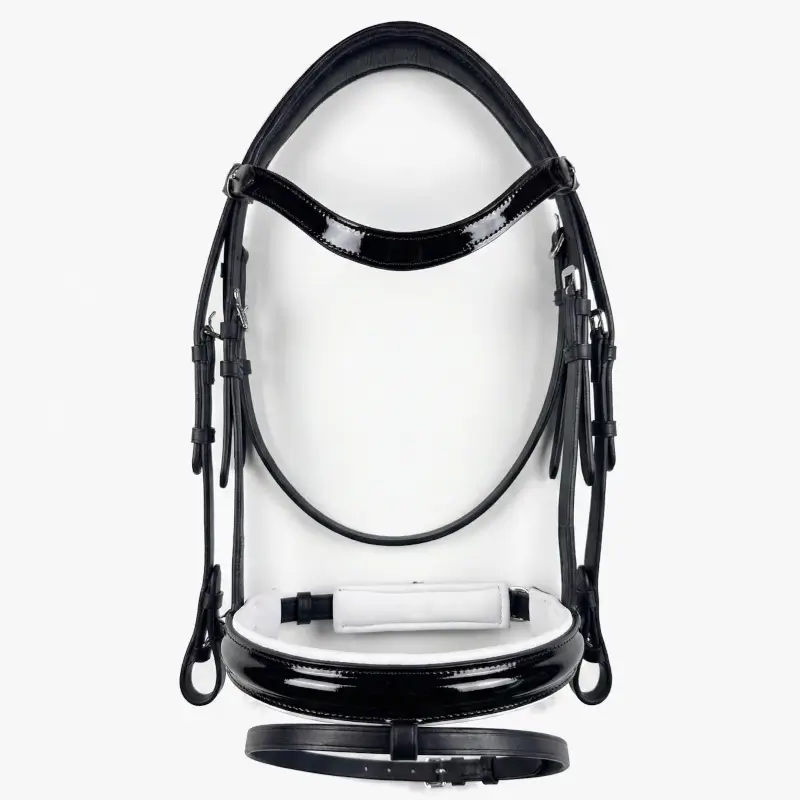 Cabezada de doma para caballo en cuero charol negro con muserola acolchada en blanco