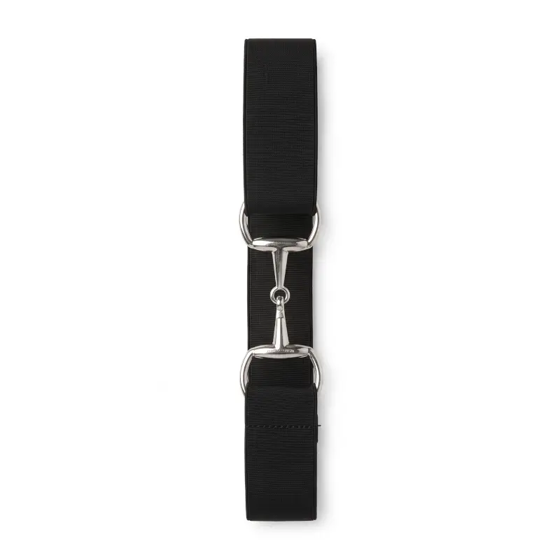 Cinturón elástico negro para pantalón de montar con cierre de bocado metálico.
