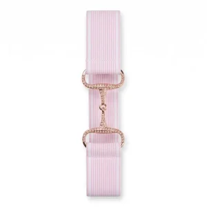 Cinturón elástico de equitación blanco con líneas rosas y hebilla bocado con brillantes.
