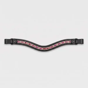 Frontalera de cuero negro para caballo con doble fila de cristales rosas y fucsias