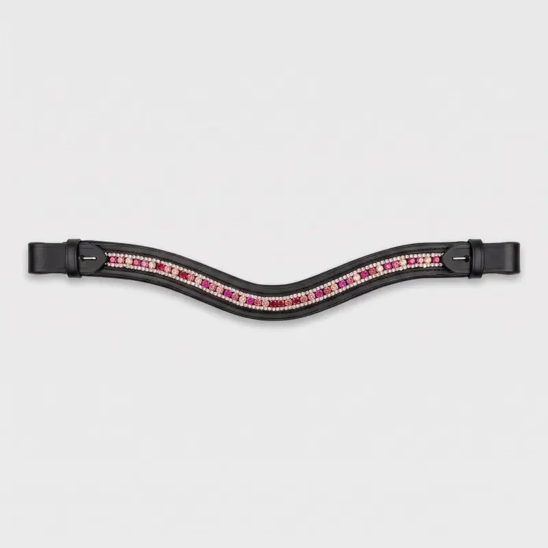 Frontalera de cuero negro para caballo con doble fila de cristales rosas y fucsias