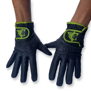 Guantes de equitación reforzados de 5mm en piel napa negra con ribete en verde limón