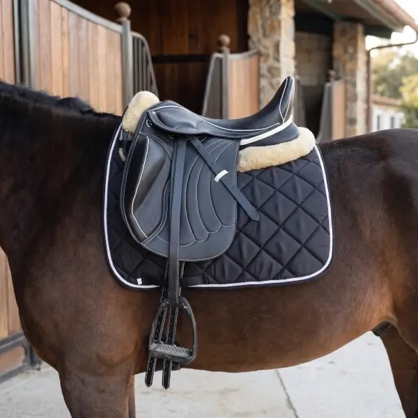 Silla de doma Titán Pro de cuero soft colocada en caballo vista de perfil